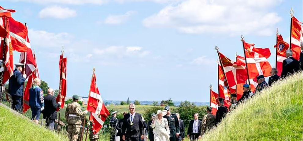 La reine Margrethe II sous une haie de drapeaux nationaux