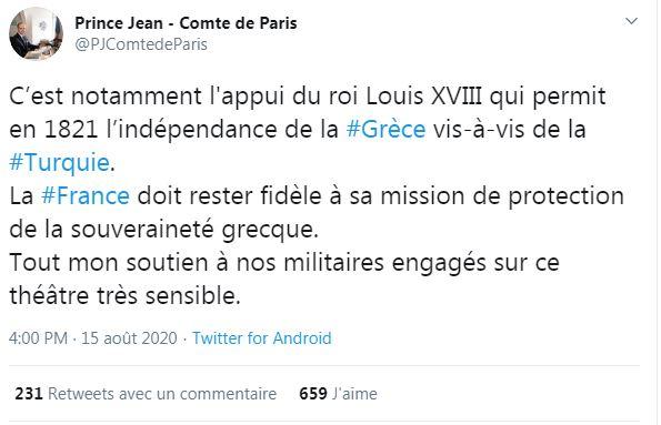 Tweet du comte de Paris sur les tensions greco-turques