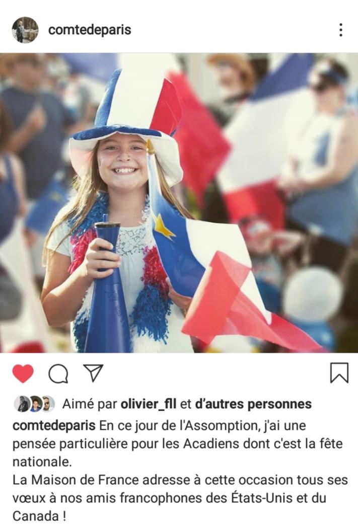 Tweet du comte de paris pour la fete nationale de l acadie